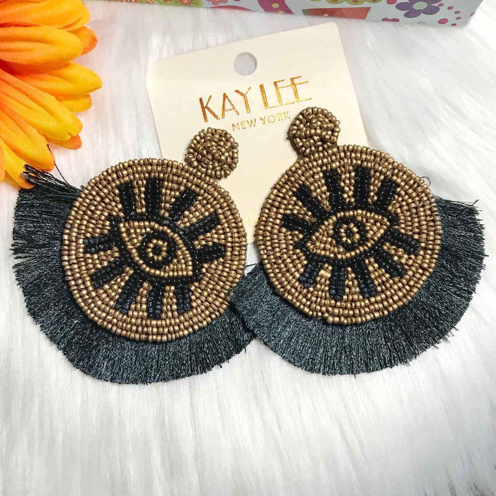 Boho Earrings Fringe Eye Seed Bead Large Post Drop